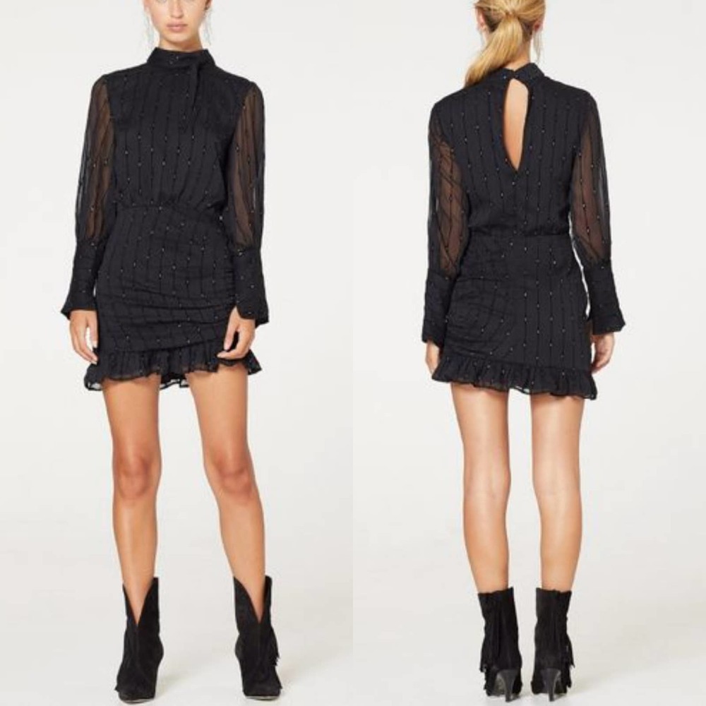 Stevie May Always Ready Black High Neck Blouson Mini Dress M Ruched Ruffle Skirt